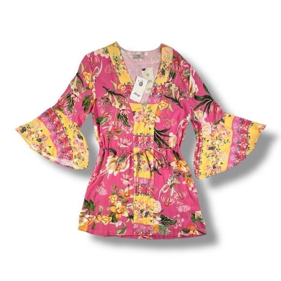 Maaji Botany Joy Kaftan Floral Pink Yellow Dress Bell Sleeve Size Large - Picture 2 of 8